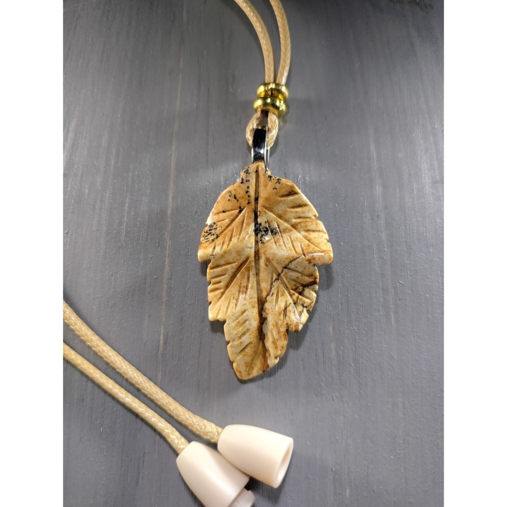 TrailerSpark Picture Jasper Carved Leaf Necklace 18in Waxed Cord Break Away Tan